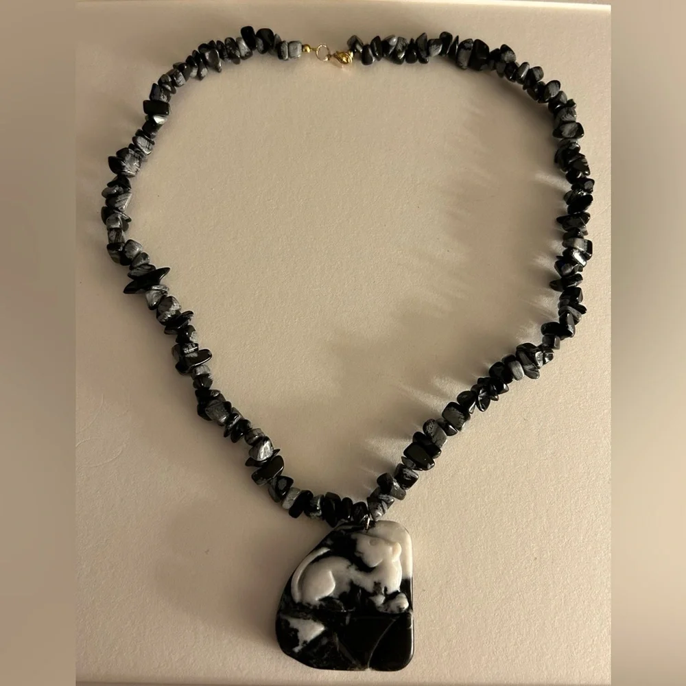 Vintage Necklace Lion Cub hand-carved Jasper stone, Snowflake Obsidian beads